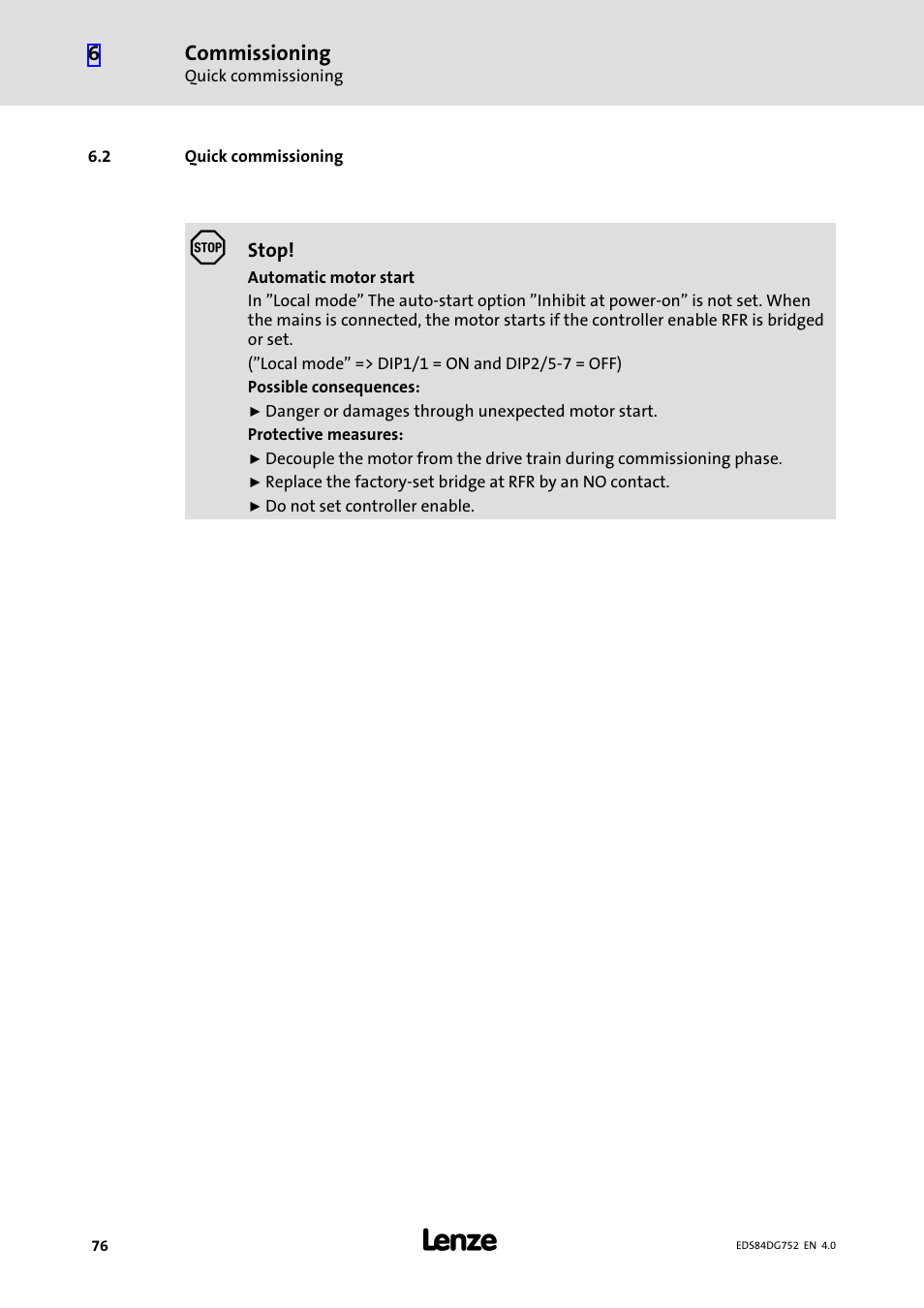 2 quick commissioning, Quick commissioning, Commissioning | Lenze 8400 motec Manual User Manual | Page 76 / 121