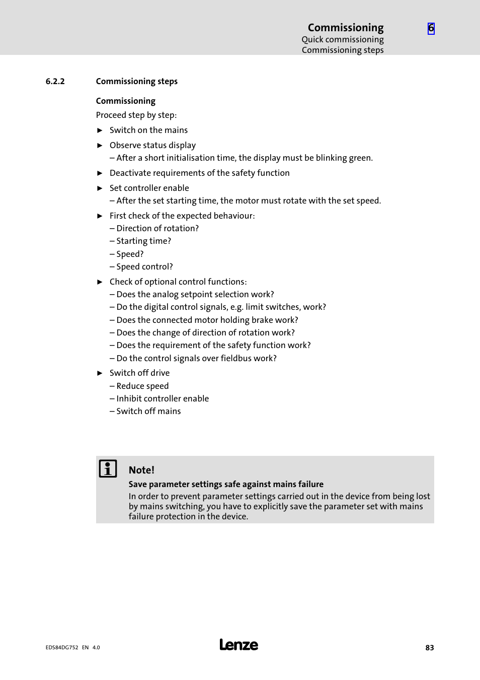 2 commissioning steps, Commissioning steps, Commissioning | Lenze 8400 motec Manual User Manual | Page 83 / 121