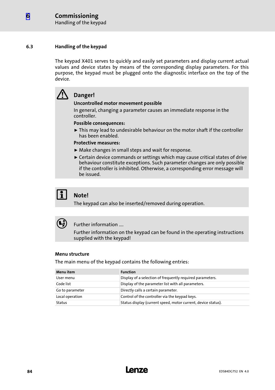 3 handling of the keypad, Handling of the keypad, Commissioning | Lenze 8400 motec Manual User Manual | Page 84 / 121