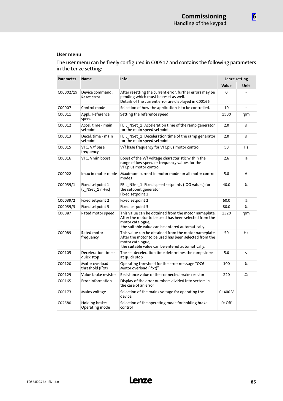Commissioning, Handling of the keypad | Lenze 8400 motec Manual User Manual | Page 85 / 121