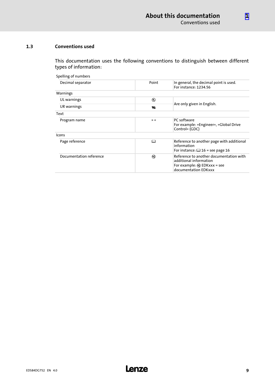 3 conventions used, Conventions used, About this documentation | Lenze 8400 motec Manual User Manual | Page 9 / 121