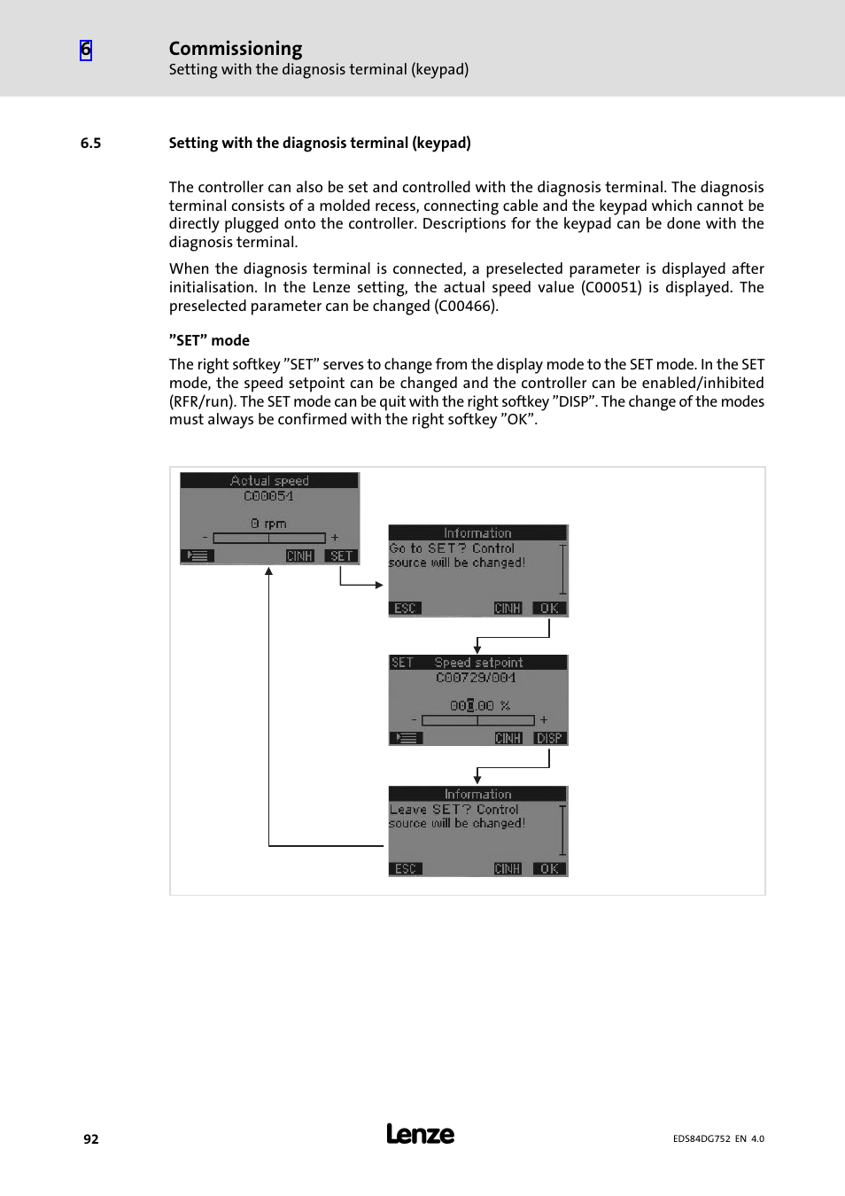 5 setting with the diagnosis terminal (keypad), Setting with the diagnosis terminal (keypad), Commissioning | Lenze 8400 motec Manual User Manual | Page 92 / 121