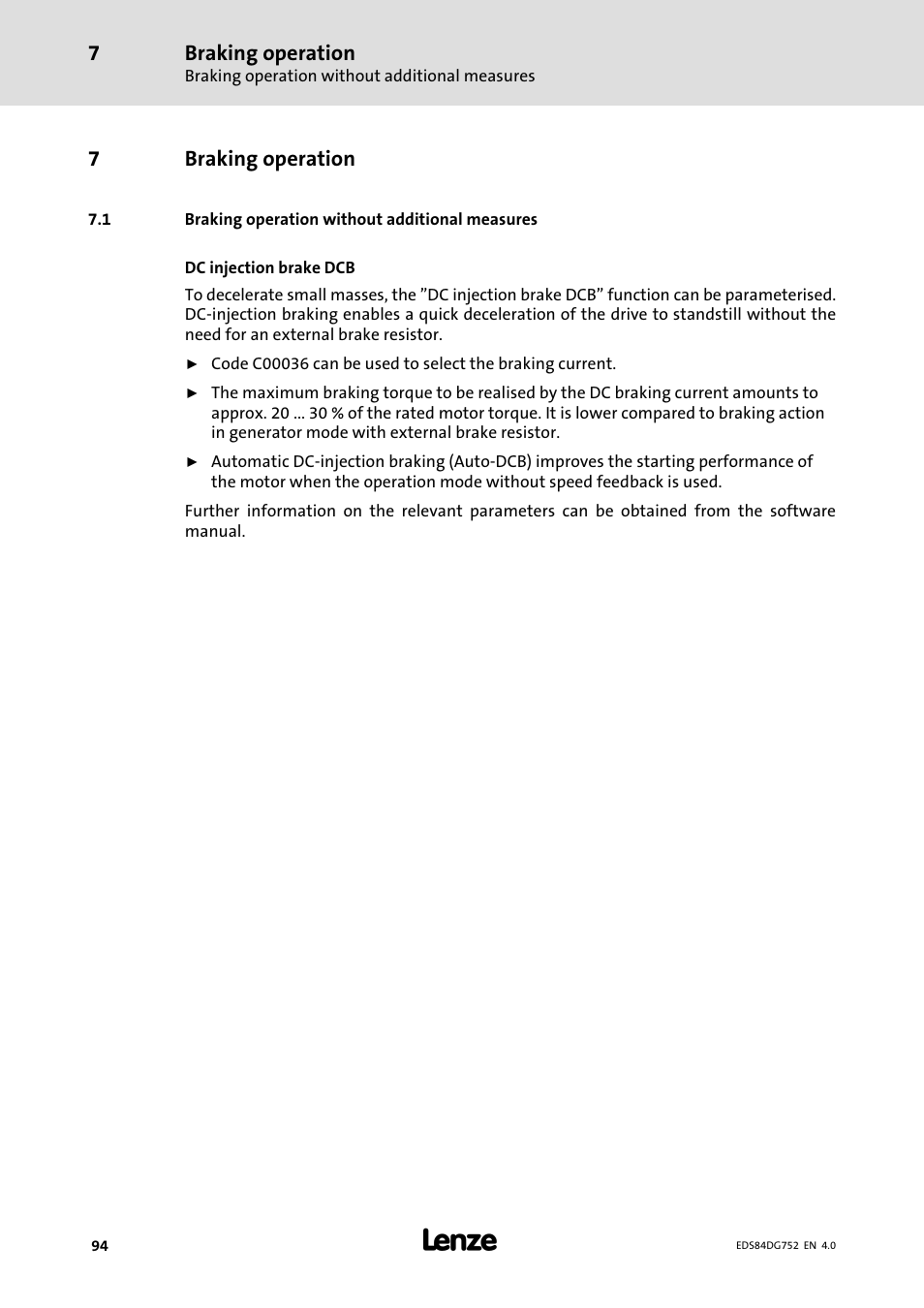 7 braking operation, 1 braking operation without additional measures, Braking operation | Braking operation without additional measures, 7braking operation | Lenze 8400 motec Manual User Manual | Page 94 / 121