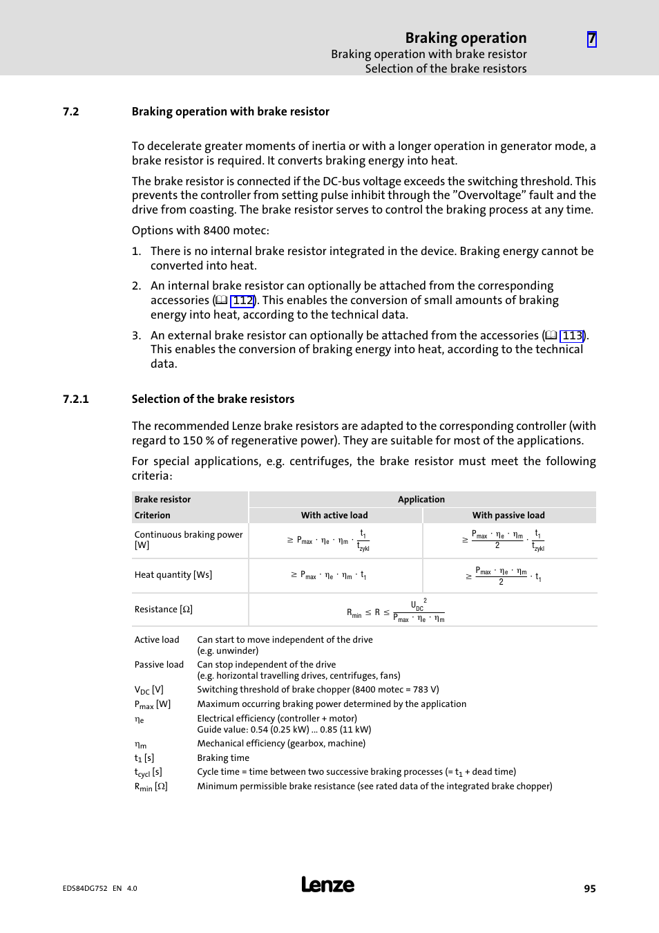 2 braking operation with brake resistor, 1 selection of the brake resistors, Braking operation with brake resistor | Selection of the brake resistors, Braking operation | Lenze 8400 motec Manual User Manual | Page 95 / 121