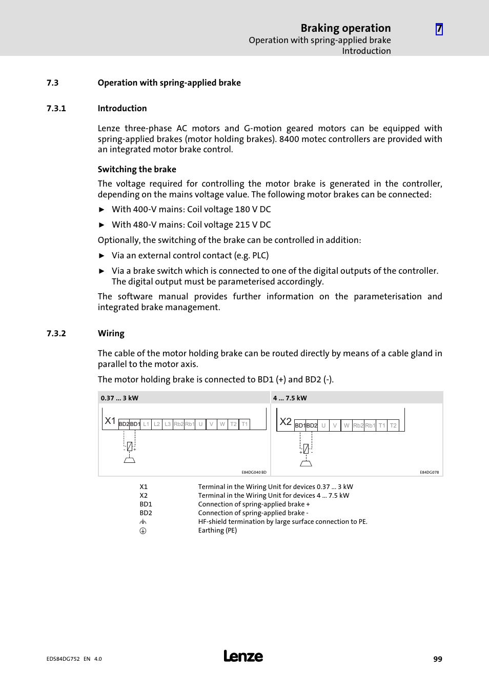 3 operation with spring-applied brake, 1 introduction, 2 wiring | Operation with spring−applied brake, Introduction, Wiring, Braking operation | Lenze 8400 motec Manual User Manual | Page 99 / 121