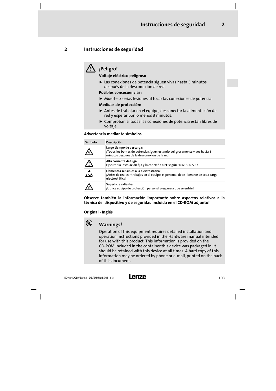 Instrucciones de seguridad | Lenze 8400 motec Mounting Instructions User Manual | Page 103 / 164