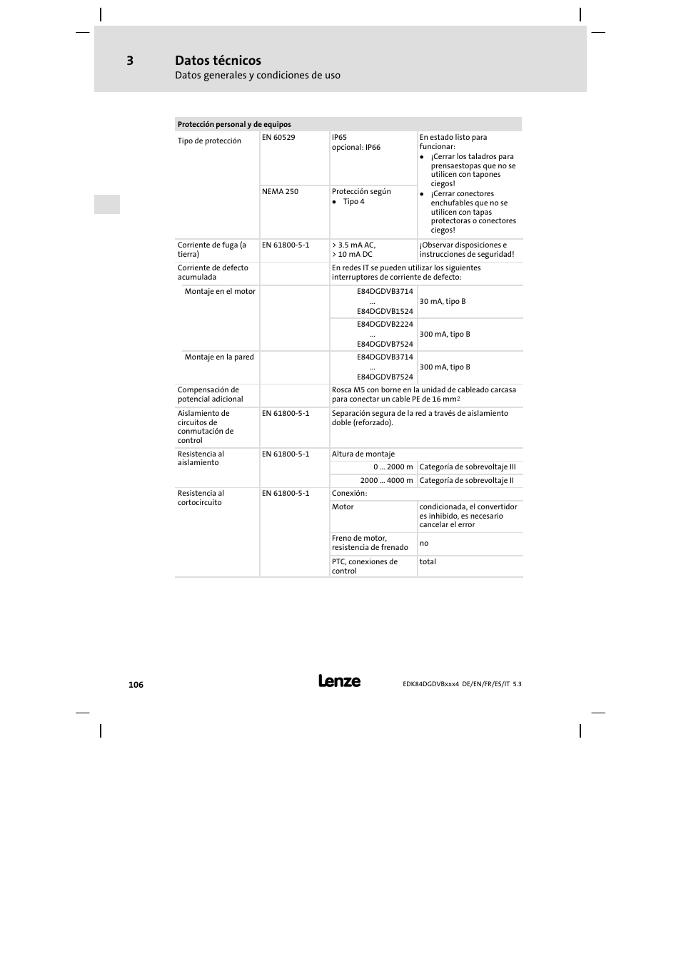 Datos técnicos | Lenze 8400 motec Mounting Instructions User Manual | Page 106 / 164