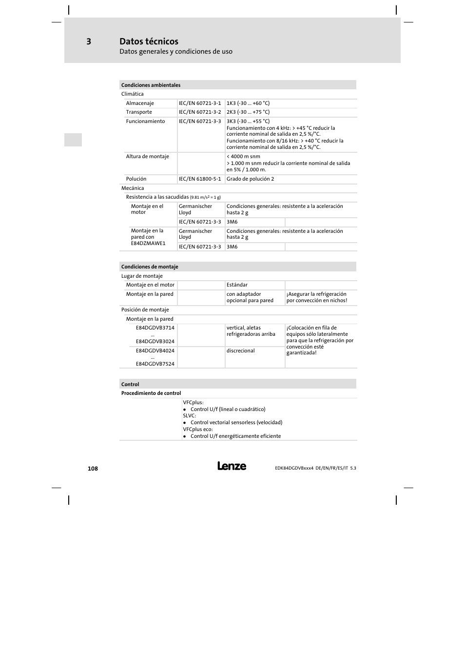 Datos técnicos | Lenze 8400 motec Mounting Instructions User Manual | Page 108 / 164