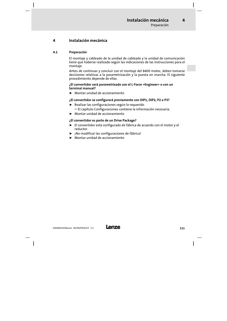 Instalación mecánica, Preparación | Lenze 8400 motec Mounting Instructions User Manual | Page 111 / 164