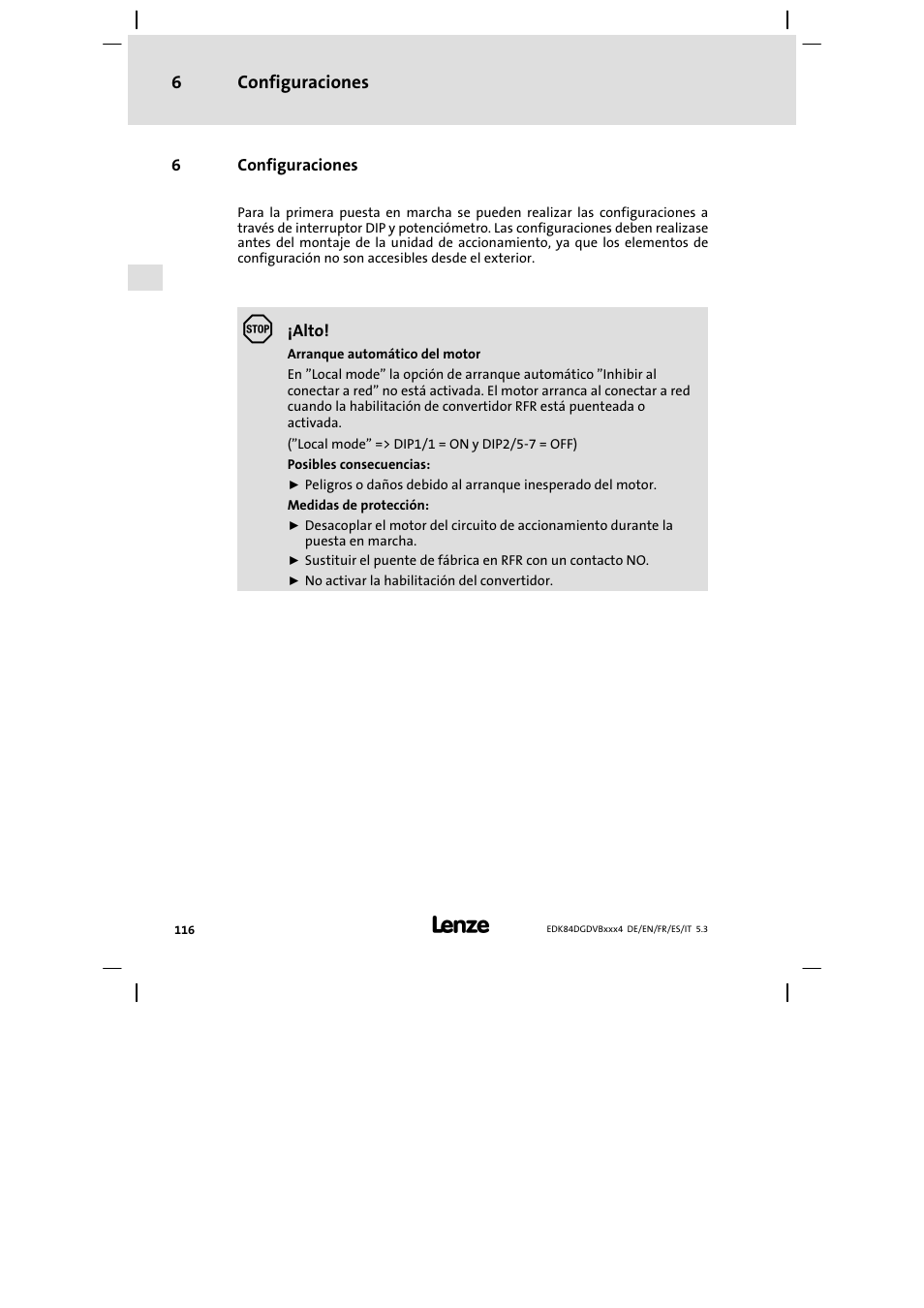 Configuraciones, Configuraciones 6 | Lenze 8400 motec Mounting Instructions User Manual | Page 116 / 164