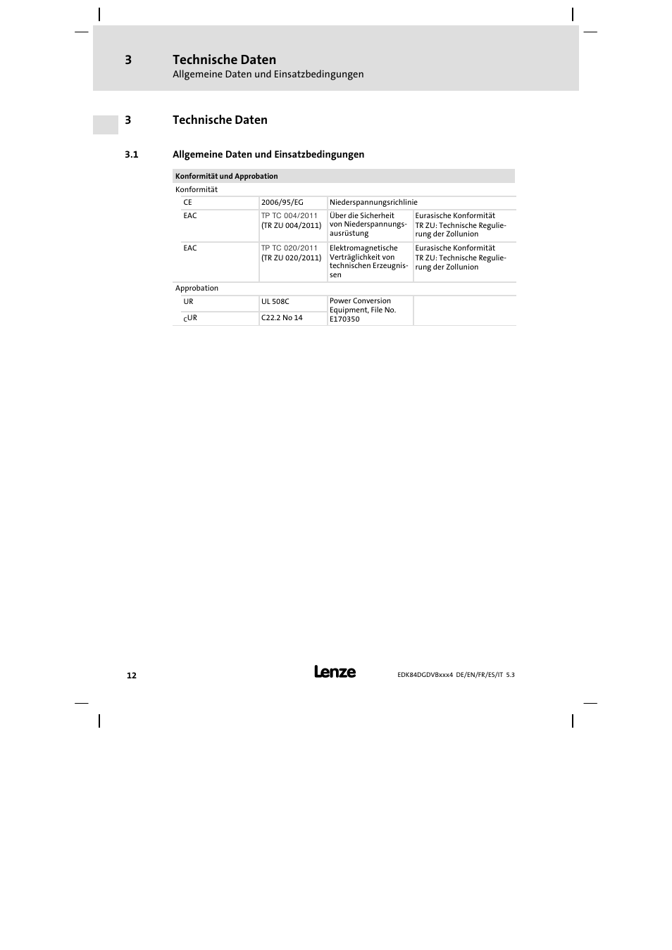 Technische daten, Allgemeine daten und einsatzbedingungen, 3technische daten | Lenze 8400 motec Mounting Instructions User Manual | Page 12 / 164