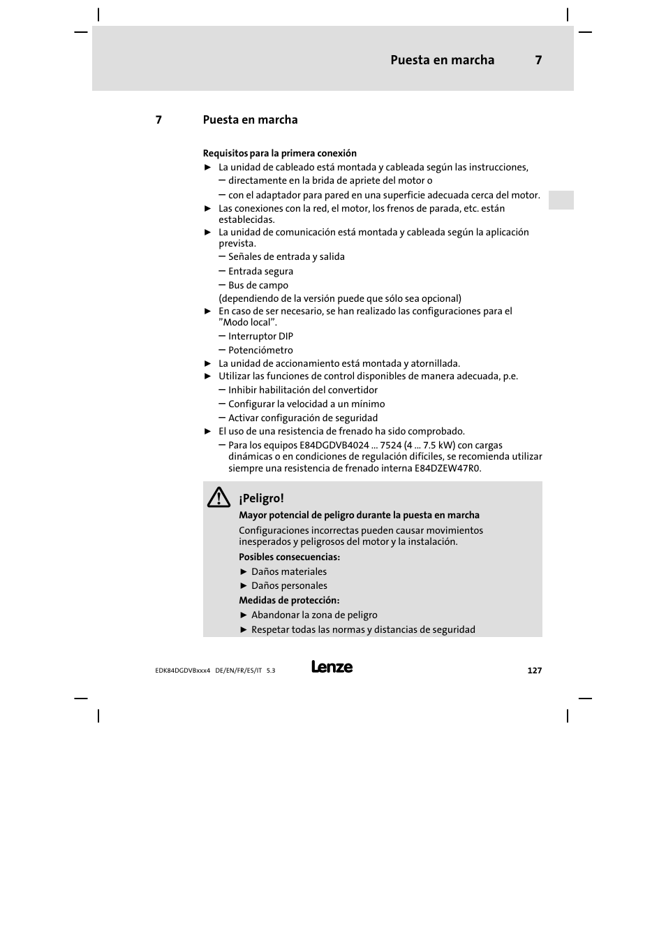 Puesta en marcha, Puesta en marcha 7 | Lenze 8400 motec Mounting Instructions User Manual | Page 127 / 164