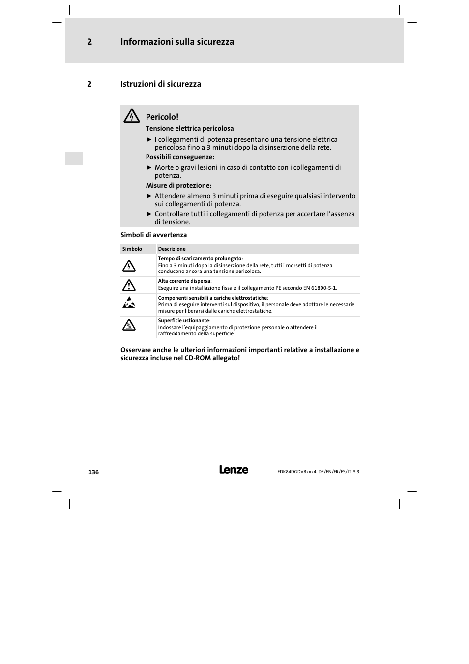 Istruzioni di sicurezza | Lenze 8400 motec Mounting Instructions User Manual | Page 136 / 164