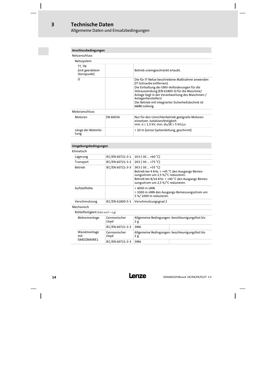 Technische daten | Lenze 8400 motec Mounting Instructions User Manual | Page 14 / 164
