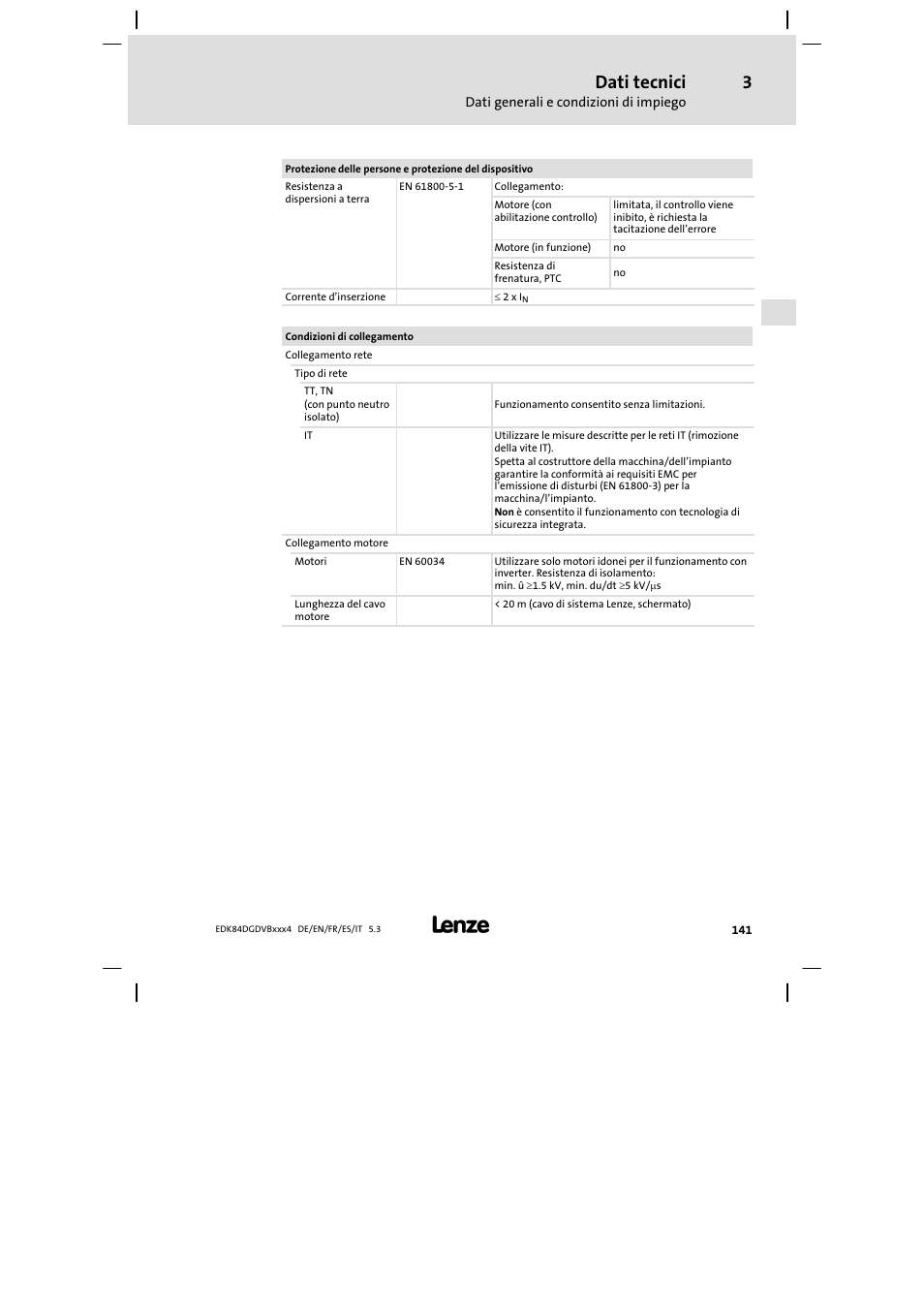 Dati tecnici | Lenze 8400 motec Mounting Instructions User Manual | Page 141 / 164