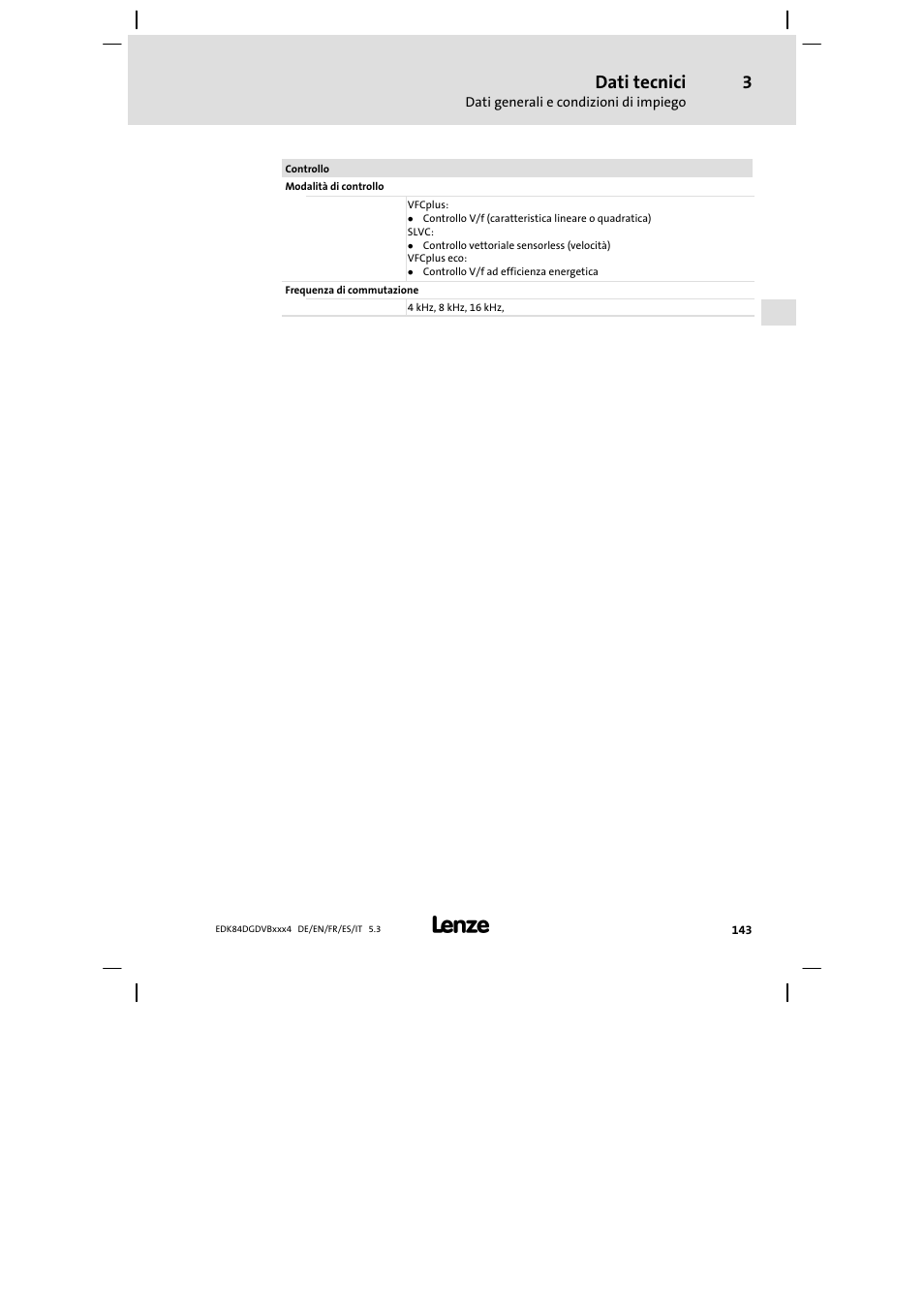 Dati tecnici | Lenze 8400 motec Mounting Instructions User Manual | Page 143 / 164