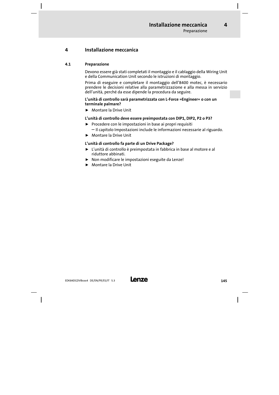 Installazione meccanica, Preparazione | Lenze 8400 motec Mounting Instructions User Manual | Page 145 / 164