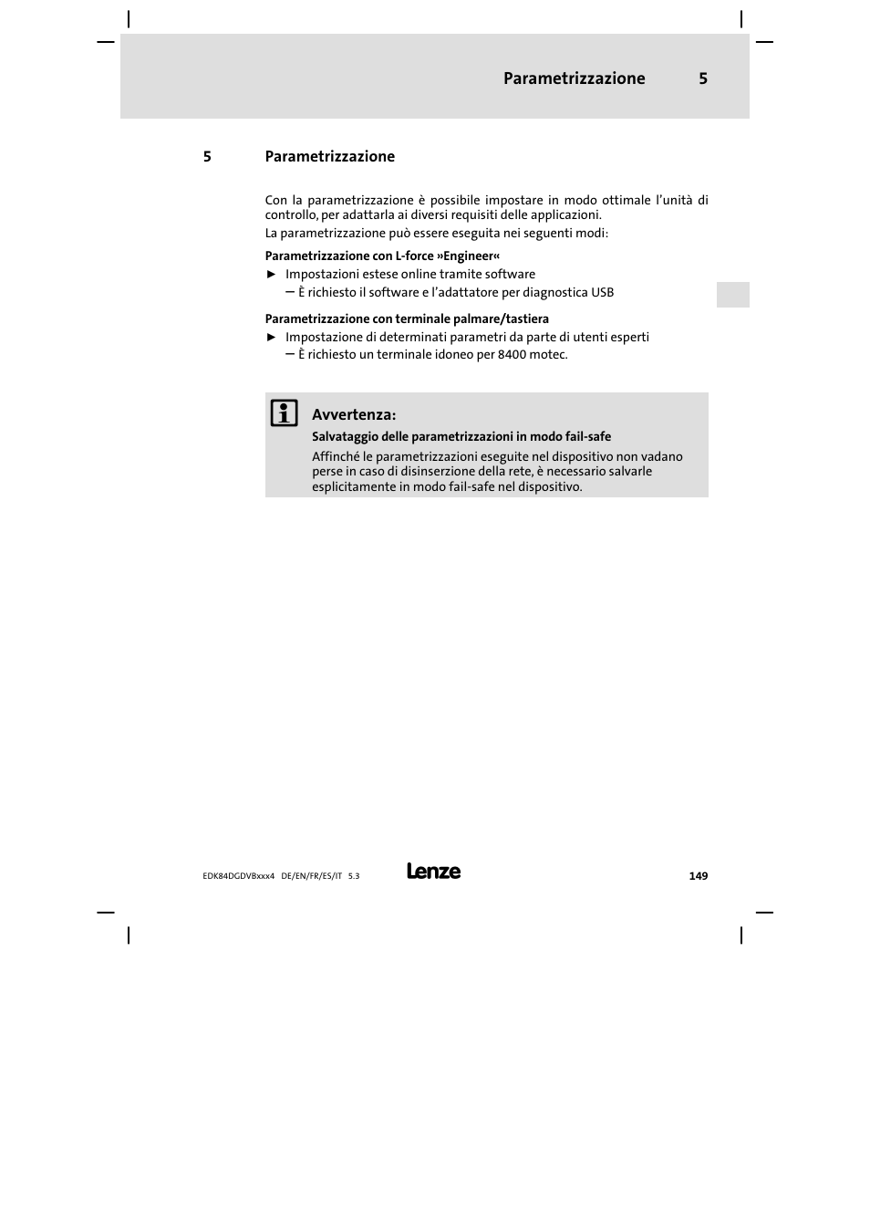 Parametrizzazione | Lenze 8400 motec Mounting Instructions User Manual | Page 149 / 164