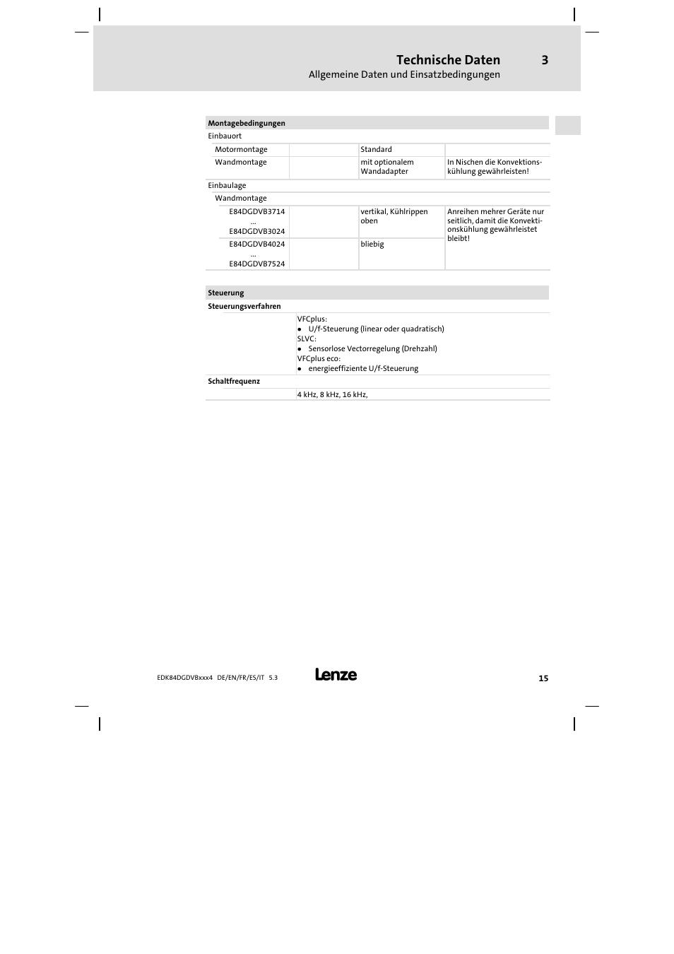 Technische daten | Lenze 8400 motec Mounting Instructions User Manual | Page 15 / 164