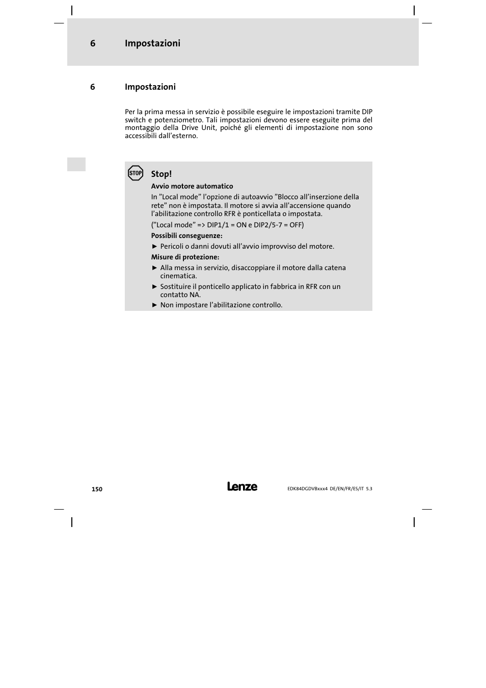 Impostazioni, Impostazioni 6 | Lenze 8400 motec Mounting Instructions User Manual | Page 150 / 164