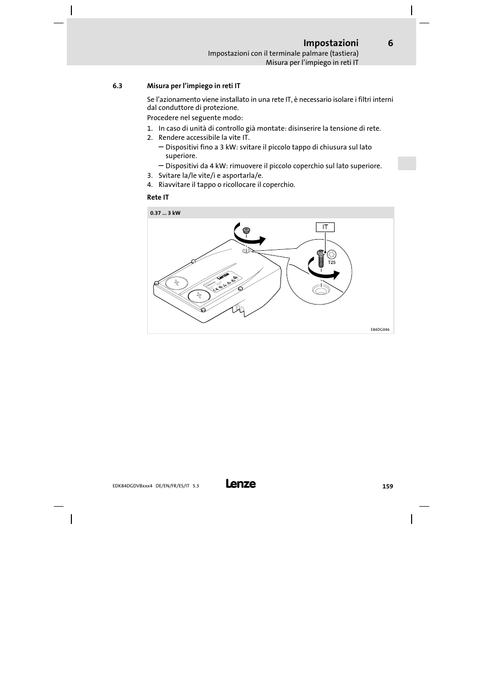 Misura per l'impiego in reti it, Misura per l’impiego in reti it, Impostazioni | Lenze 8400 motec Mounting Instructions User Manual | Page 159 / 164