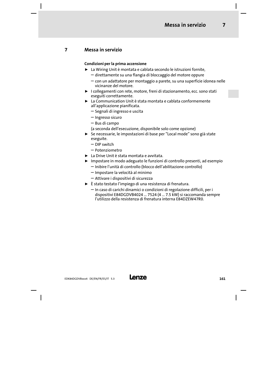 Messa in servizio, Messa in servizio 7 | Lenze 8400 motec Mounting Instructions User Manual | Page 161 / 164