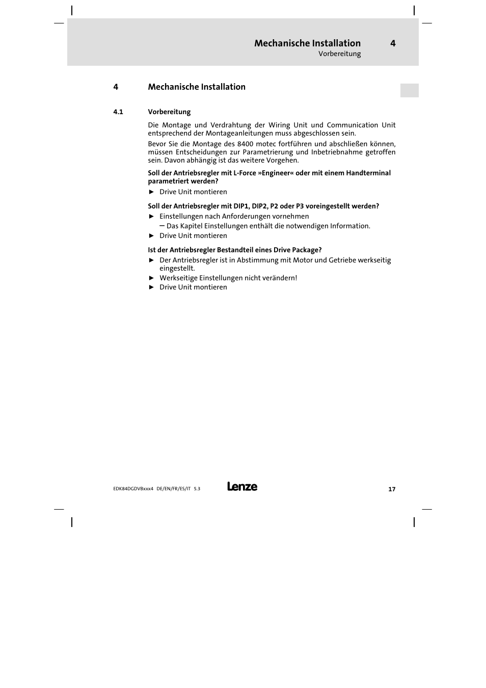 Mechanische installation, Vorbereitung | Lenze 8400 motec Mounting Instructions User Manual | Page 17 / 164