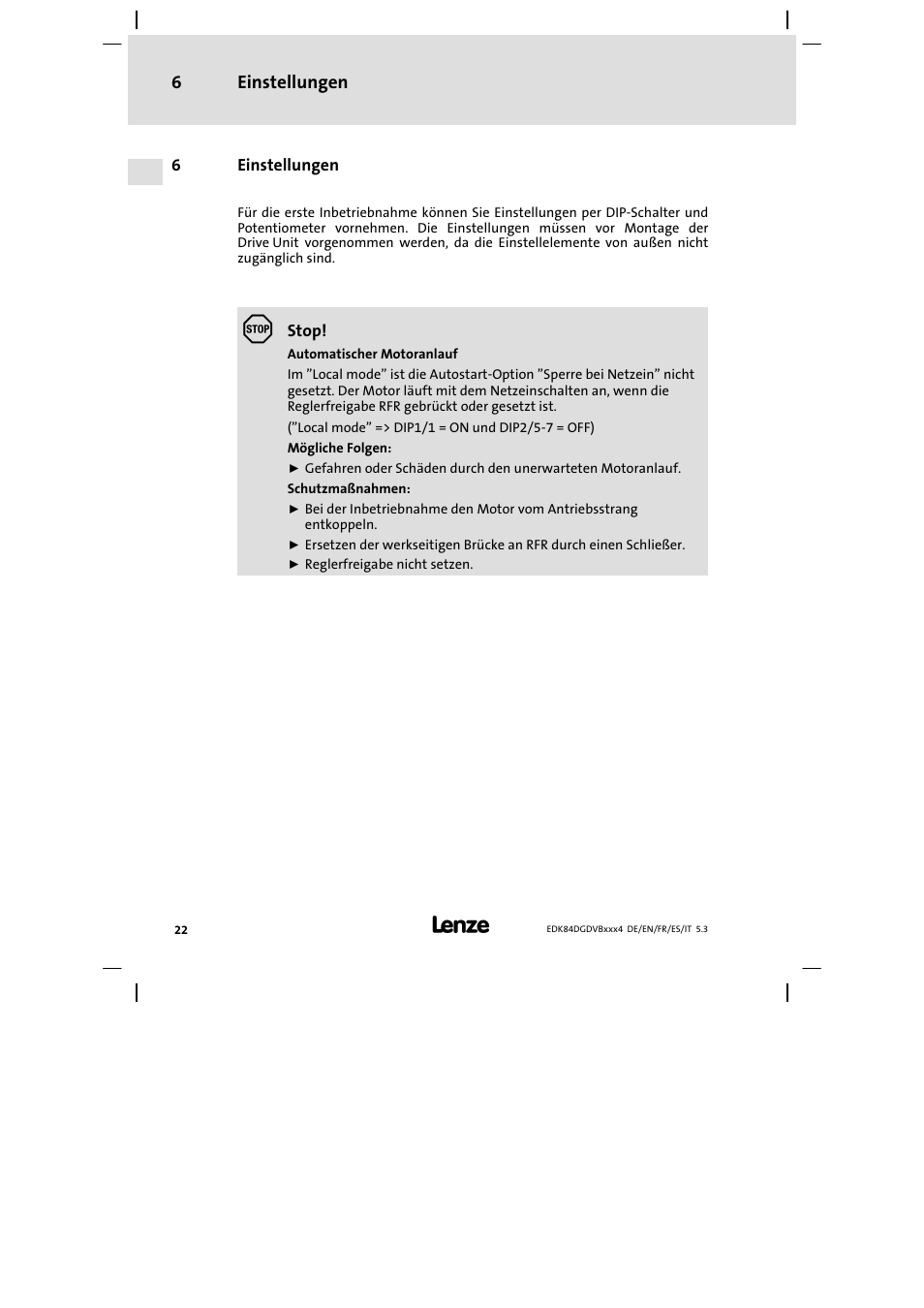 Einstellungen, Einstellungen 6 | Lenze 8400 motec Mounting Instructions User Manual | Page 22 / 164