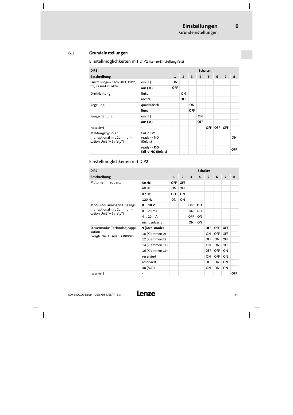 Grundeinstellungen, Einstellungen | Lenze 8400 motec Mounting Instructions User Manual | Page 25 / 164