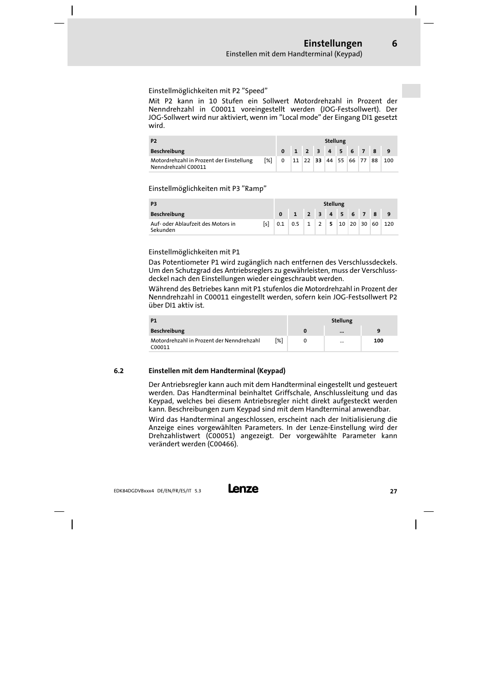 Einstellen mit dem handterminal (keypad), Einstellungen | Lenze 8400 motec Mounting Instructions User Manual | Page 27 / 164