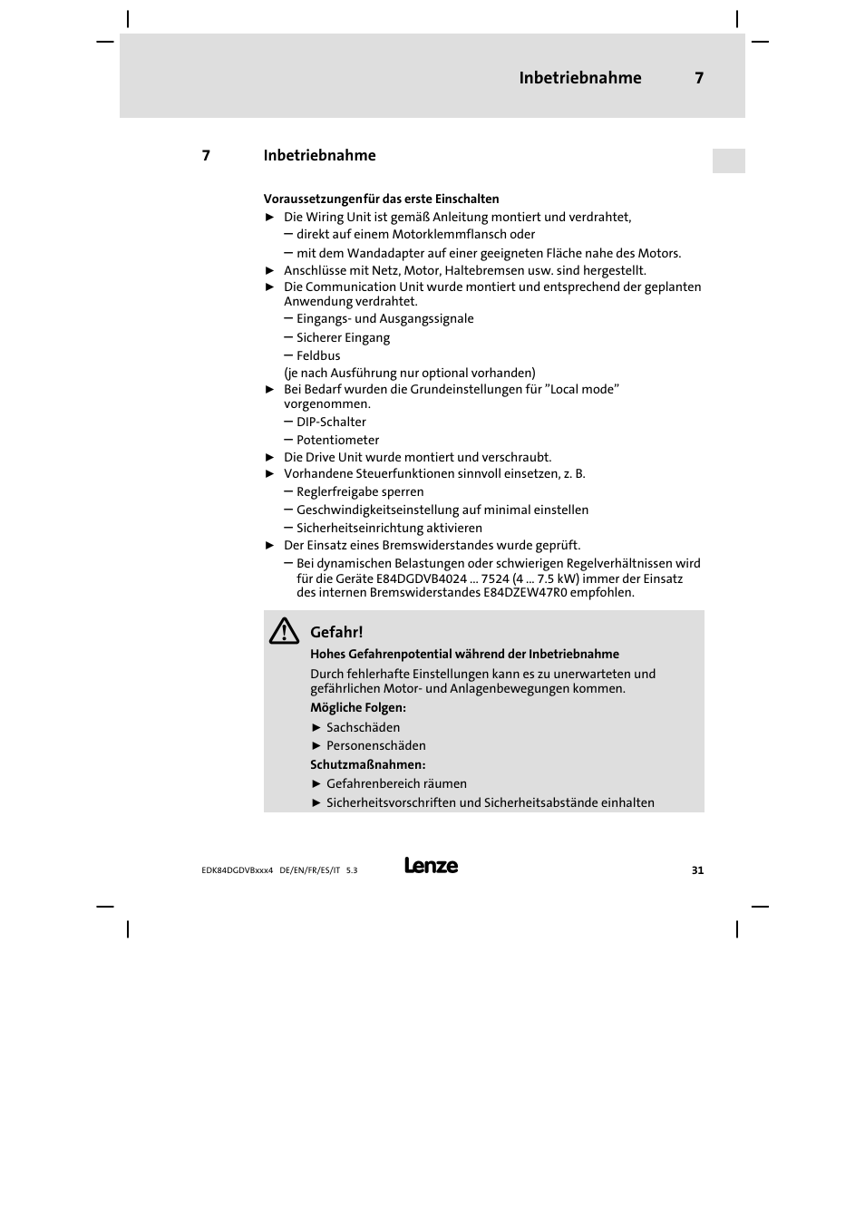 Inbetriebnahme, Inbetriebnahme 7 | Lenze 8400 motec Mounting Instructions User Manual | Page 31 / 164