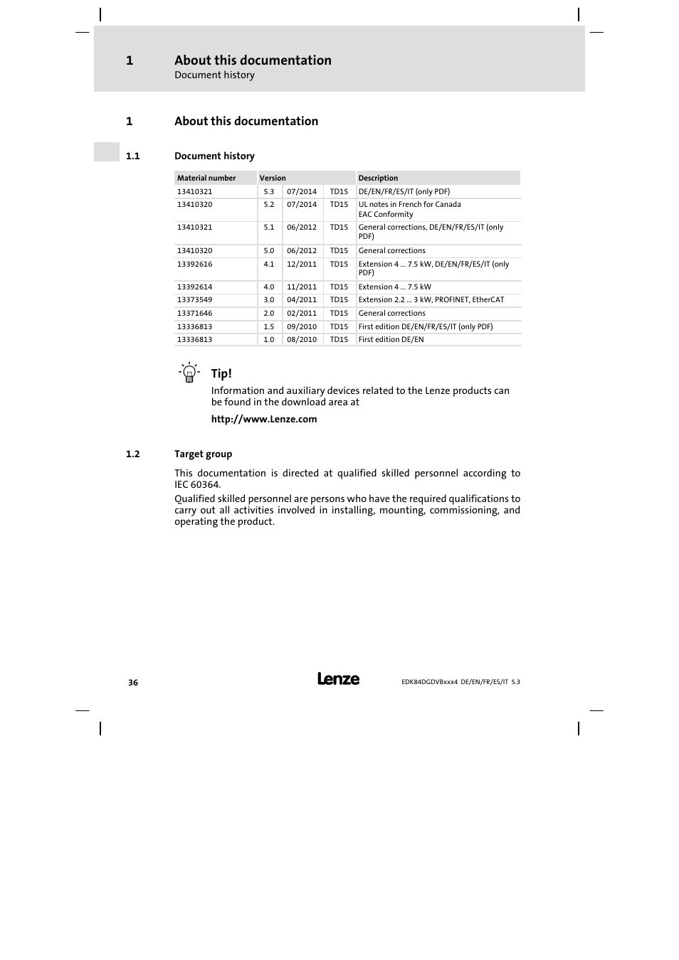 About this documentation, Document history, Target group | 1about this documentation | Lenze 8400 motec Mounting Instructions User Manual | Page 36 / 164