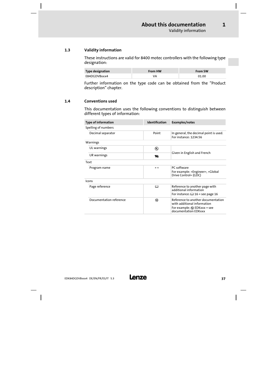 Validity information, Conventions used, About this documentation | Lenze 8400 motec Mounting Instructions User Manual | Page 37 / 164