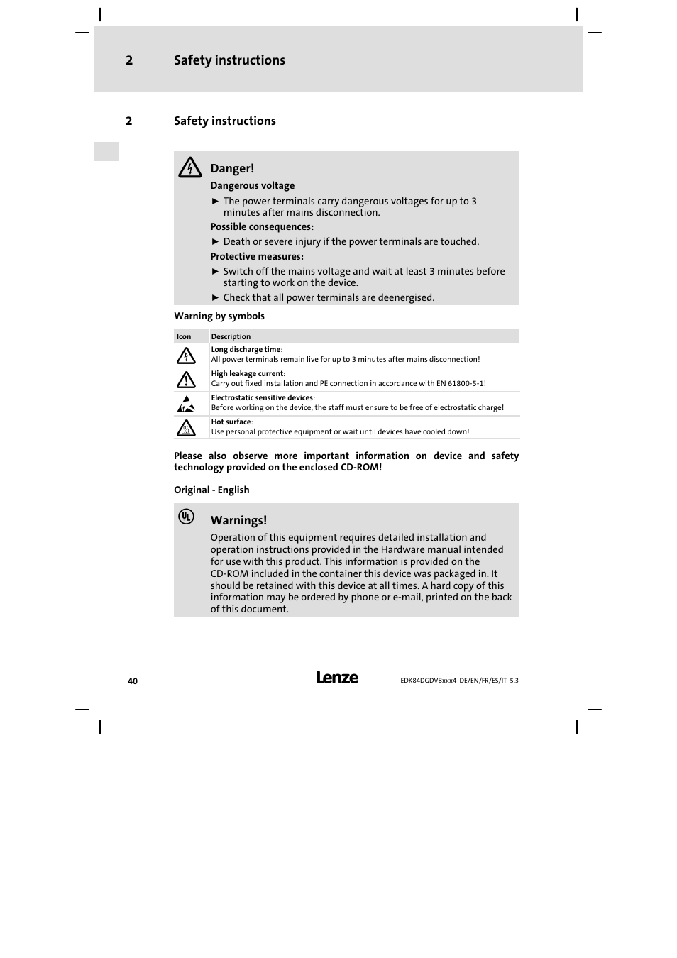 Safety instructions | Lenze 8400 motec Mounting Instructions User Manual | Page 40 / 164