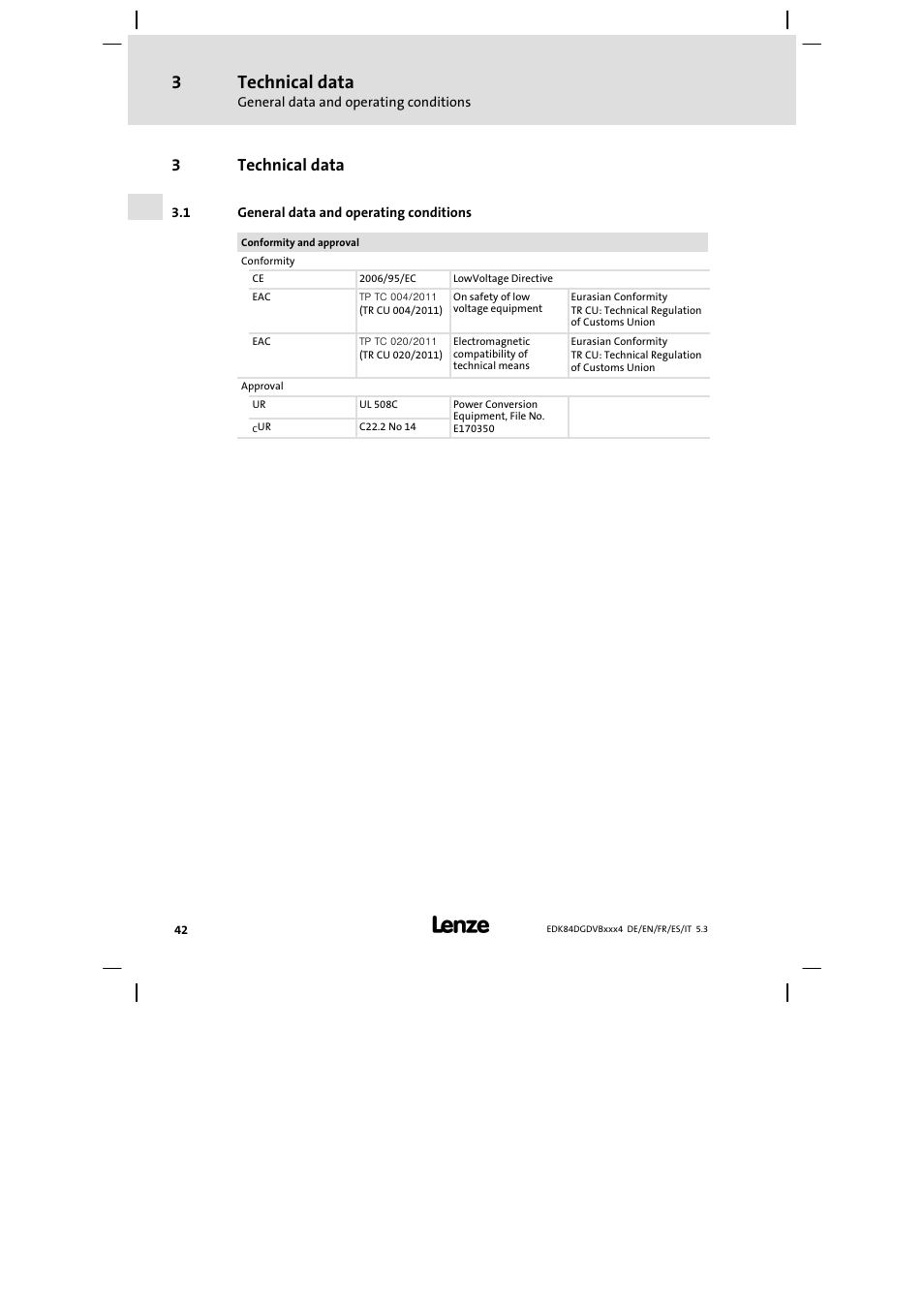 Technical data, General data and operating conditions, 3technical data | Lenze 8400 motec Mounting Instructions User Manual | Page 42 / 164