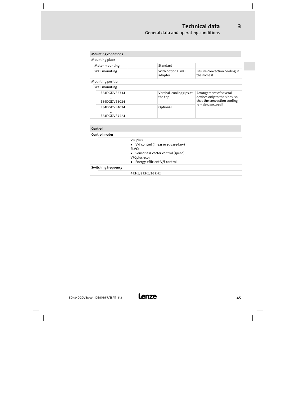 Technical data | Lenze 8400 motec Mounting Instructions User Manual | Page 45 / 164