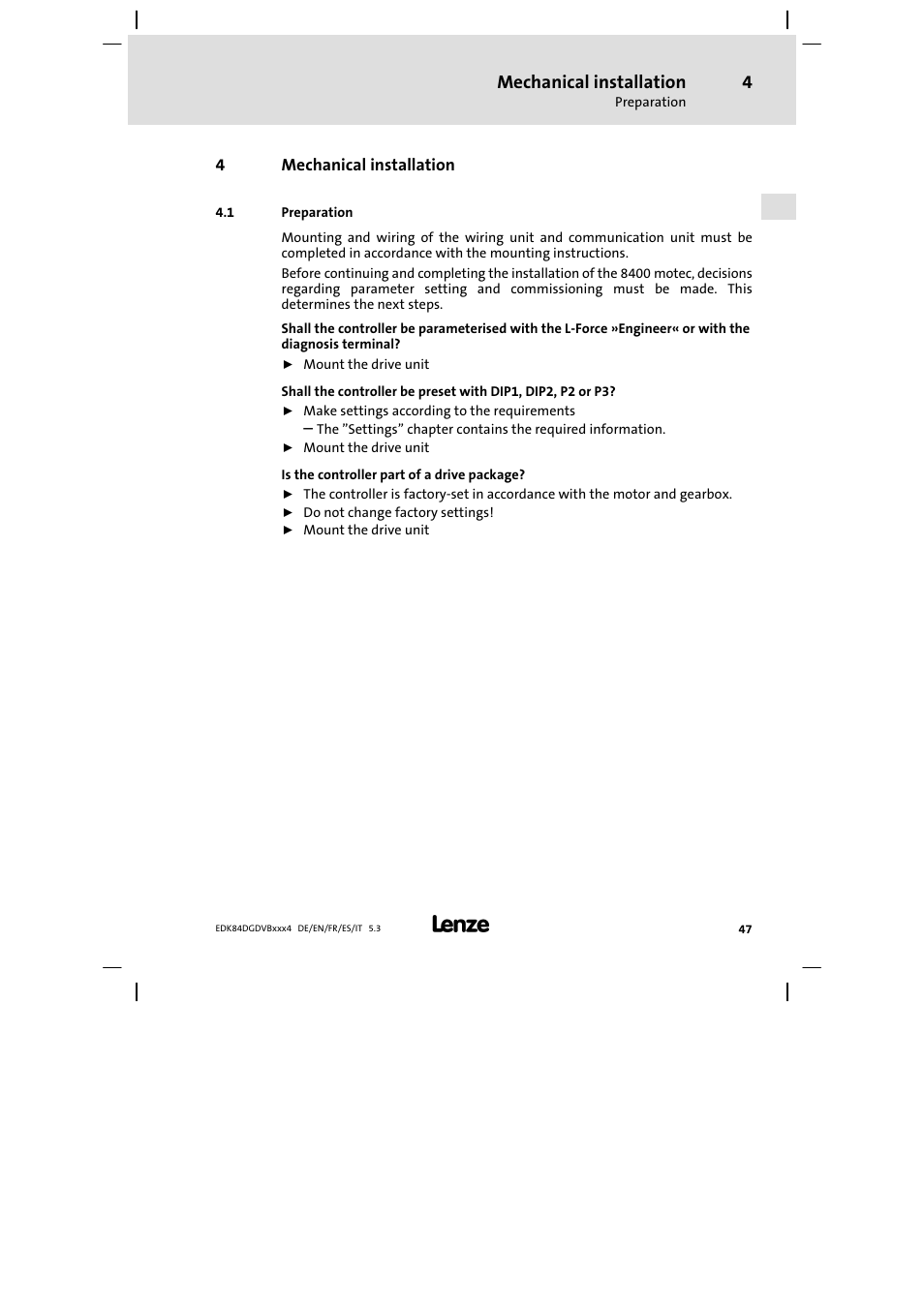Mechanical installation, Preparation | Lenze 8400 motec Mounting Instructions User Manual | Page 47 / 164