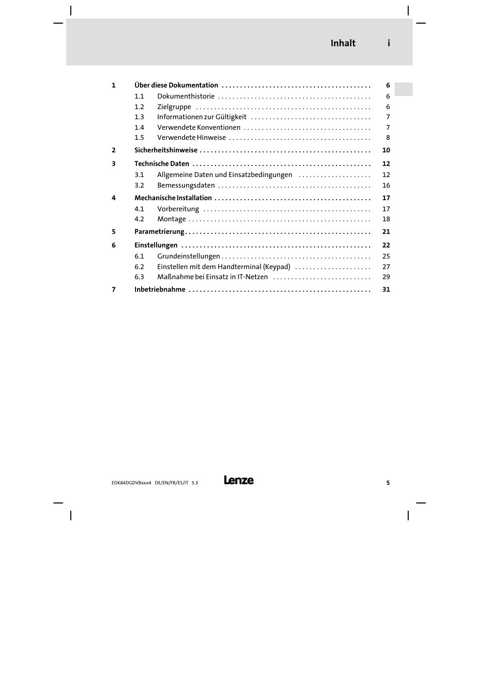 Inhalt i | Lenze 8400 motec Mounting Instructions User Manual | Page 5 / 164