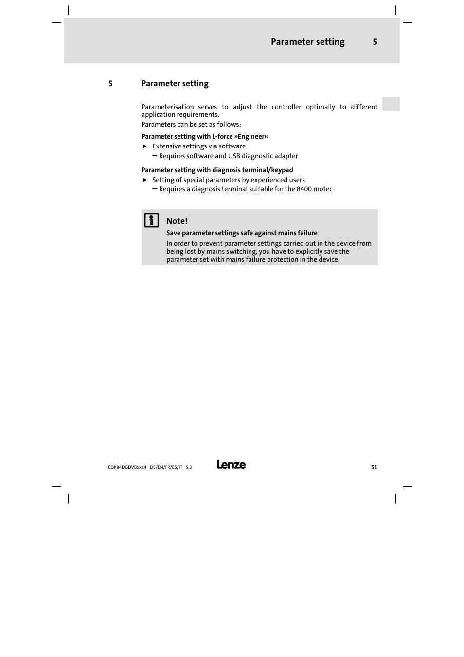Parameter setting | Lenze 8400 motec Mounting Instructions User Manual | Page 51 / 164