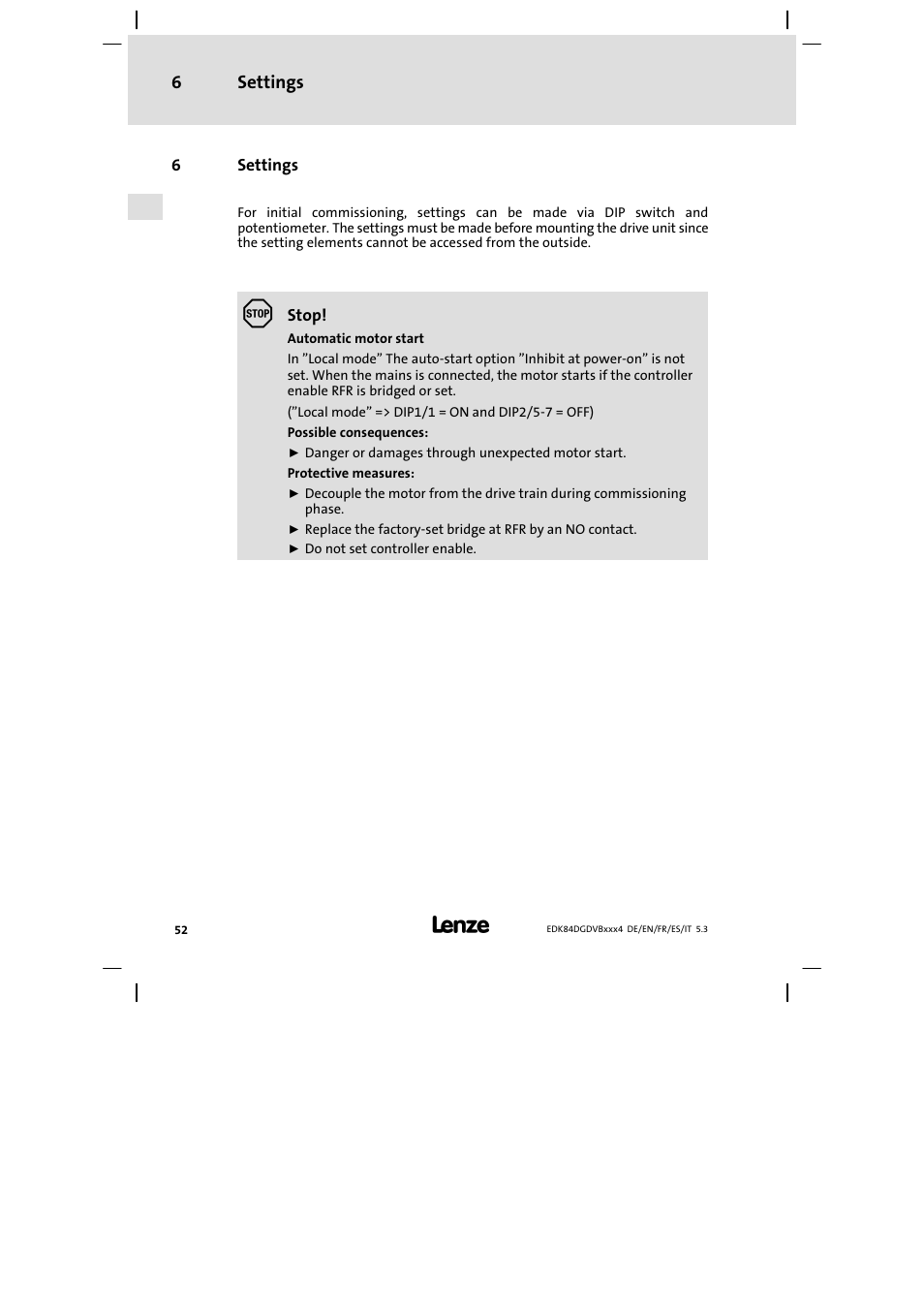 Settings, Settings 6 | Lenze 8400 motec Mounting Instructions User Manual | Page 52 / 164
