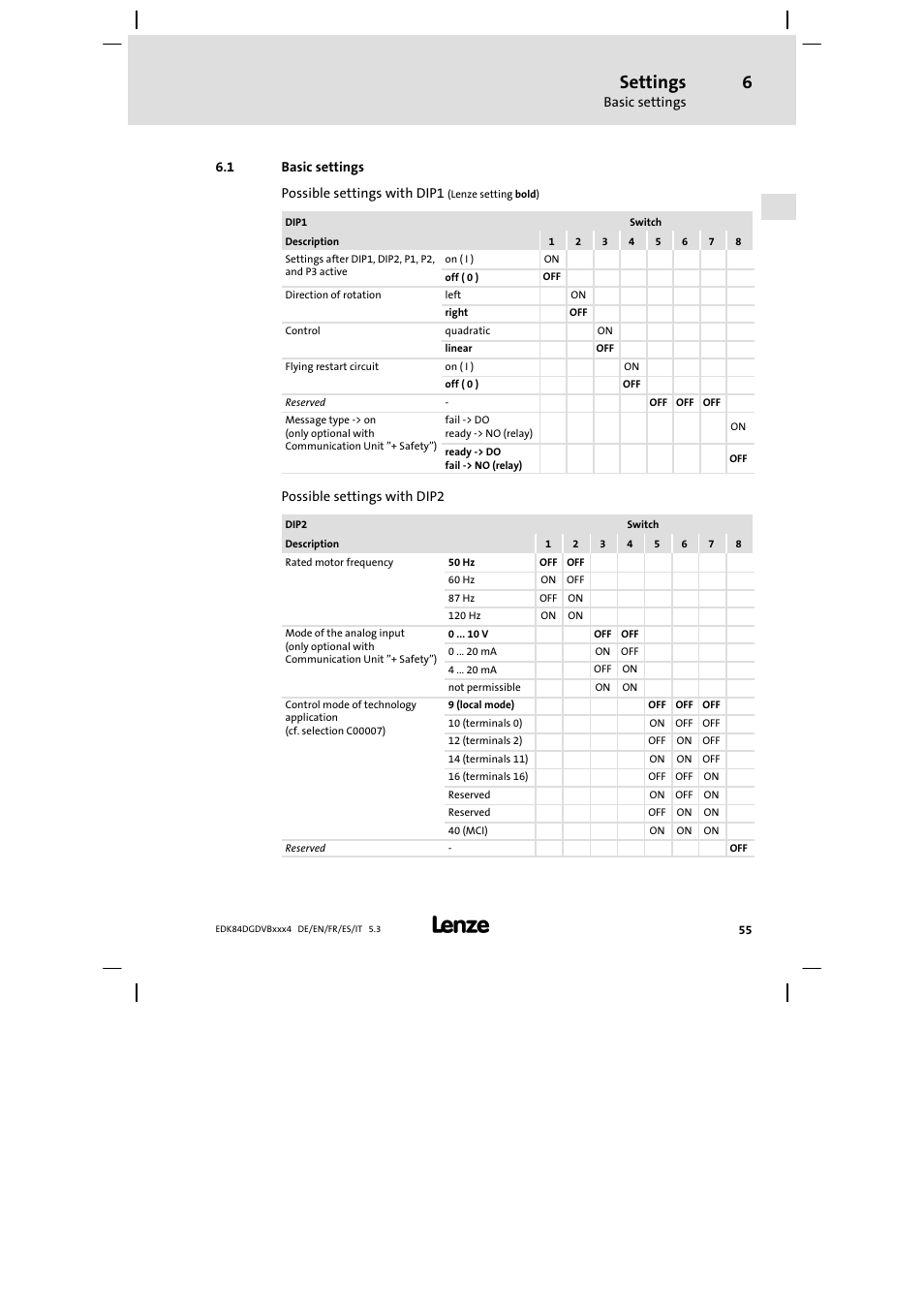 Basic settings, Settings | Lenze 8400 motec Mounting Instructions User Manual | Page 55 / 164
