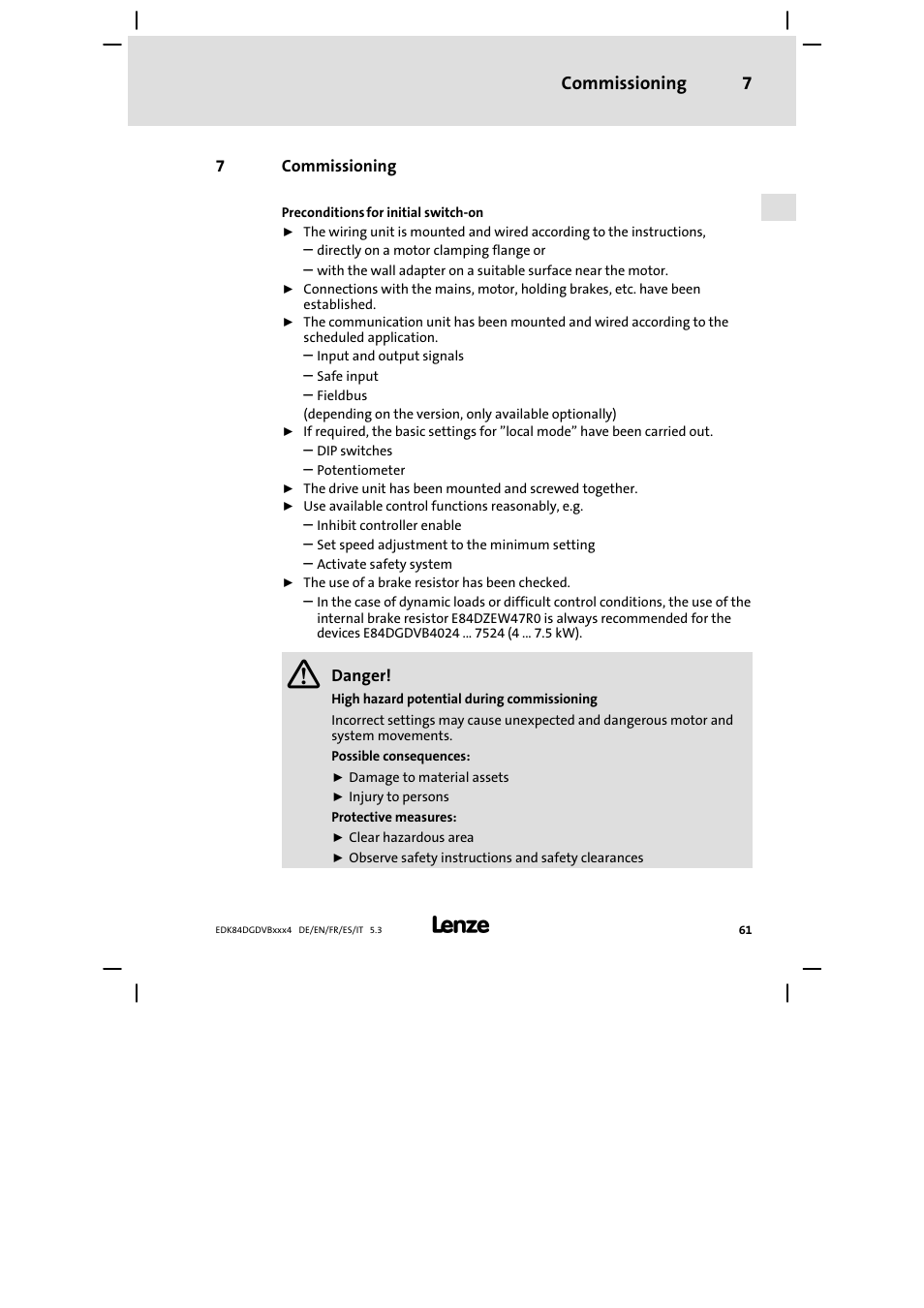 Commissioning, Commissioning 7 | Lenze 8400 motec Mounting Instructions User Manual | Page 61 / 164