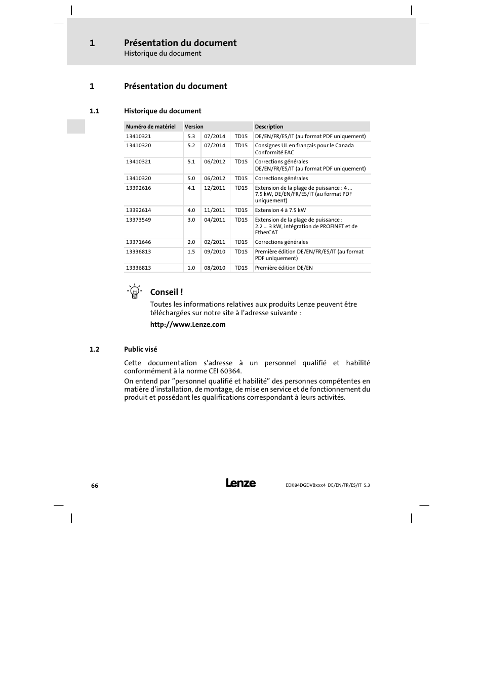 Présentation du document, Historique du document, Public visé | 1présentation du document, Conseil | Lenze 8400 motec Mounting Instructions User Manual | Page 66 / 164