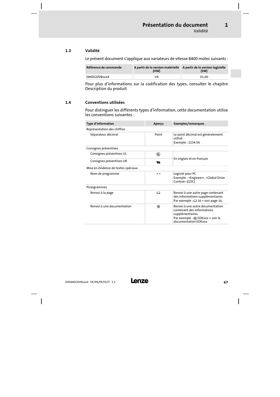 Validité, Conventions utilisées, Présentation du document | Lenze 8400 motec Mounting Instructions User Manual | Page 67 / 164