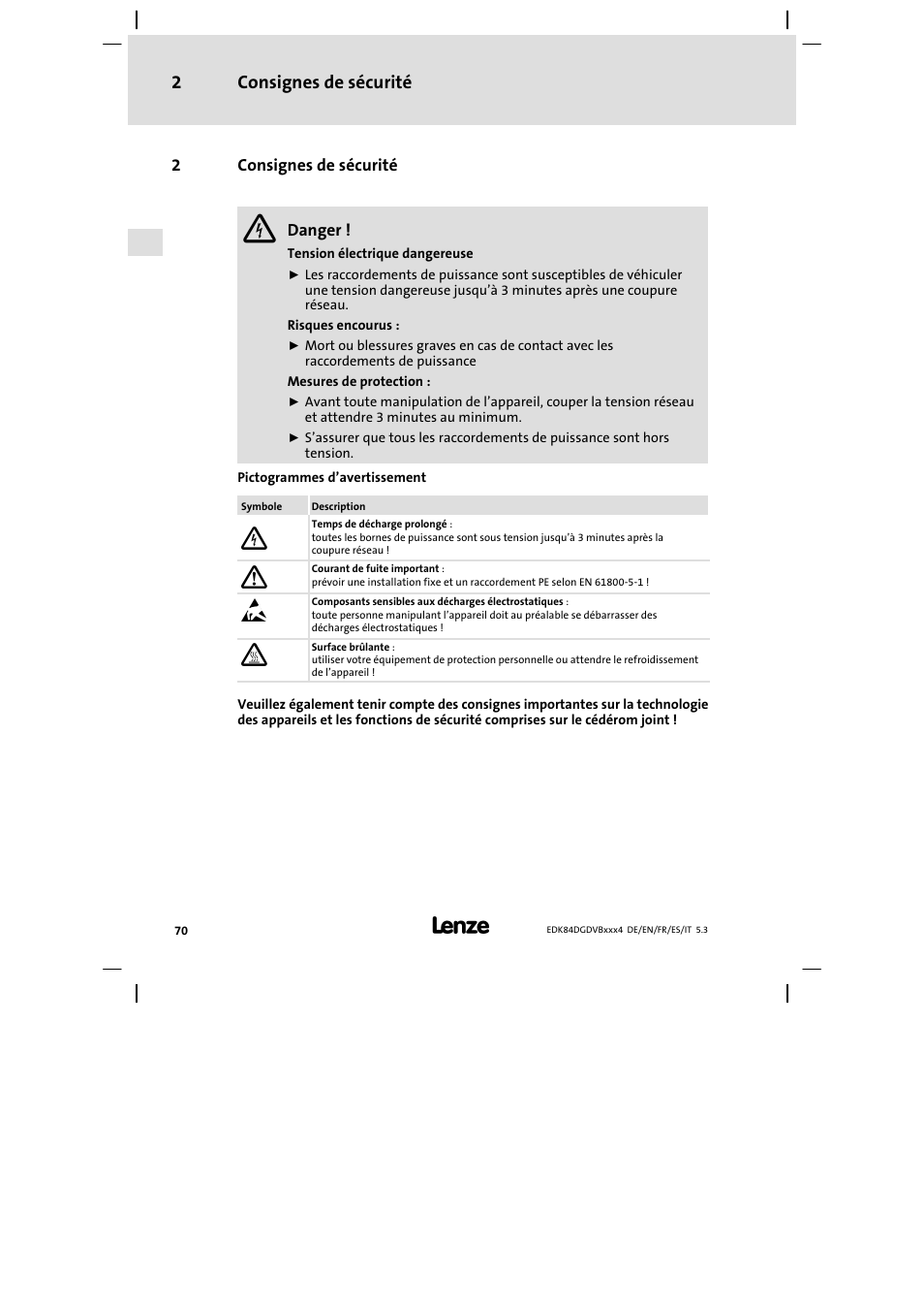 Consignes de sécurité | Lenze 8400 motec Mounting Instructions User Manual | Page 70 / 164