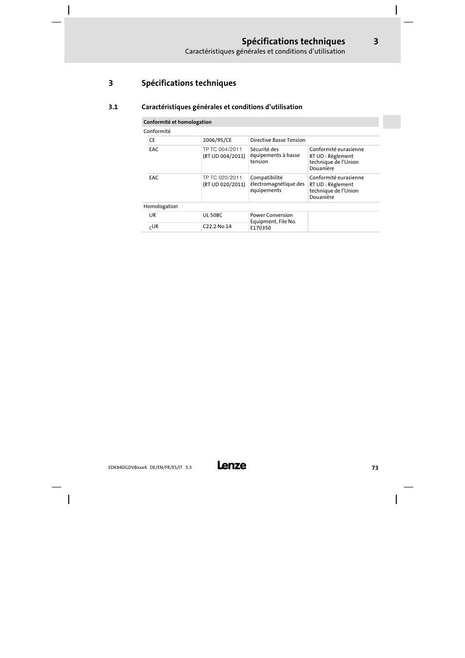 Spécifications techniques, 3spécifications techniques | Lenze 8400 motec Mounting Instructions User Manual | Page 73 / 164