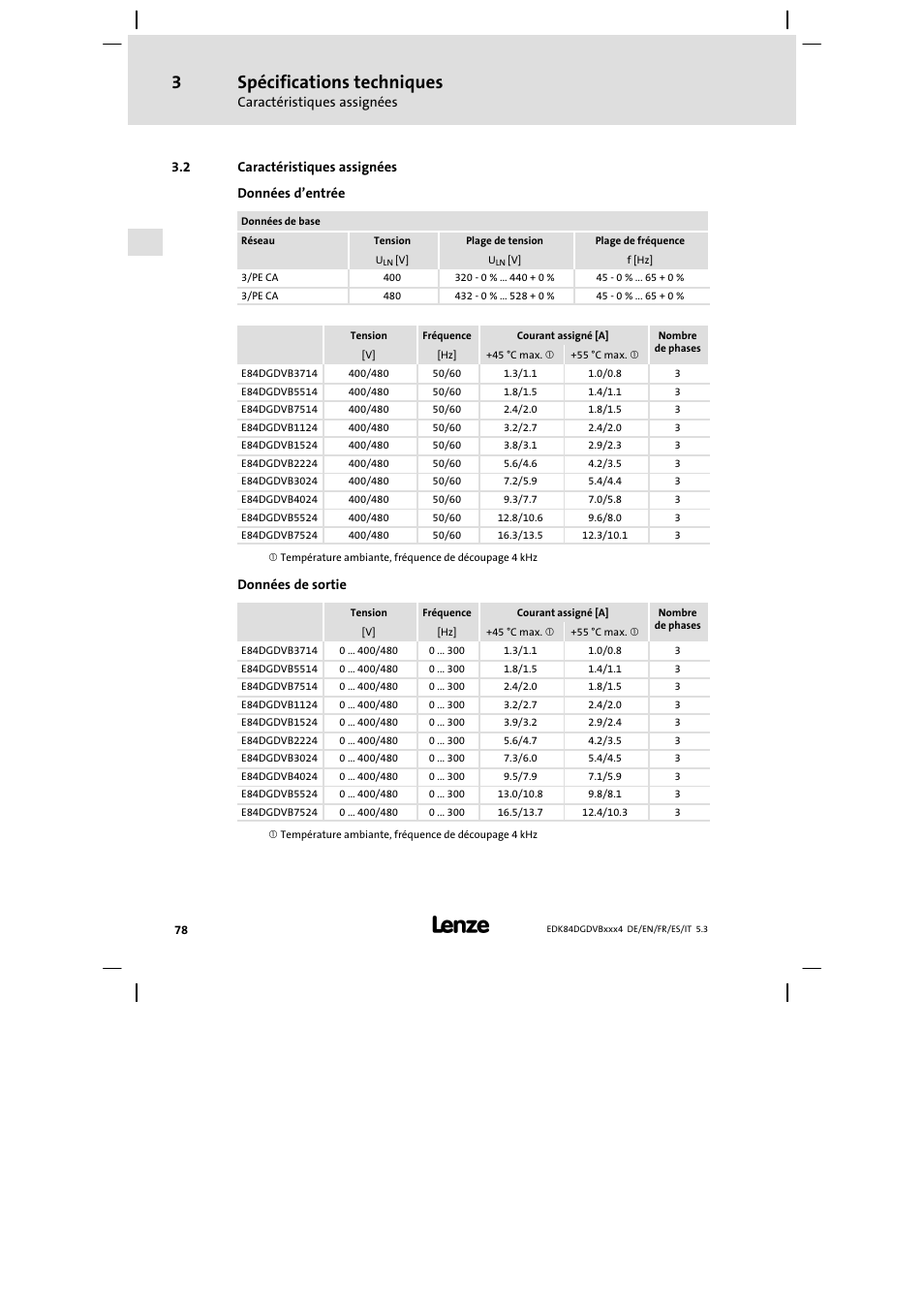 Caractéristiques assignées, Spécifications techniques | Lenze 8400 motec Mounting Instructions User Manual | Page 78 / 164