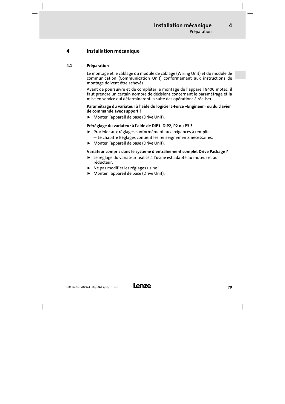 Installation mécanique, Préparation | Lenze 8400 motec Mounting Instructions User Manual | Page 79 / 164