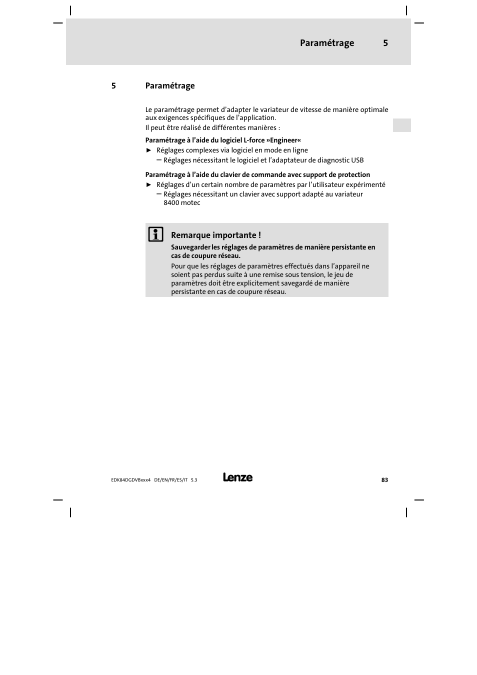 Paramétrage | Lenze 8400 motec Mounting Instructions User Manual | Page 83 / 164