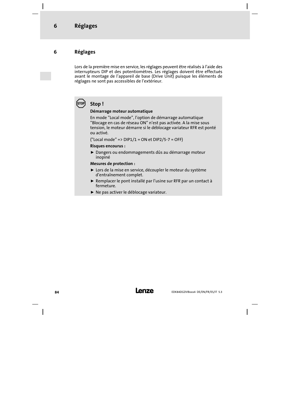 Réglages, Réglages 6 | Lenze 8400 motec Mounting Instructions User Manual | Page 84 / 164